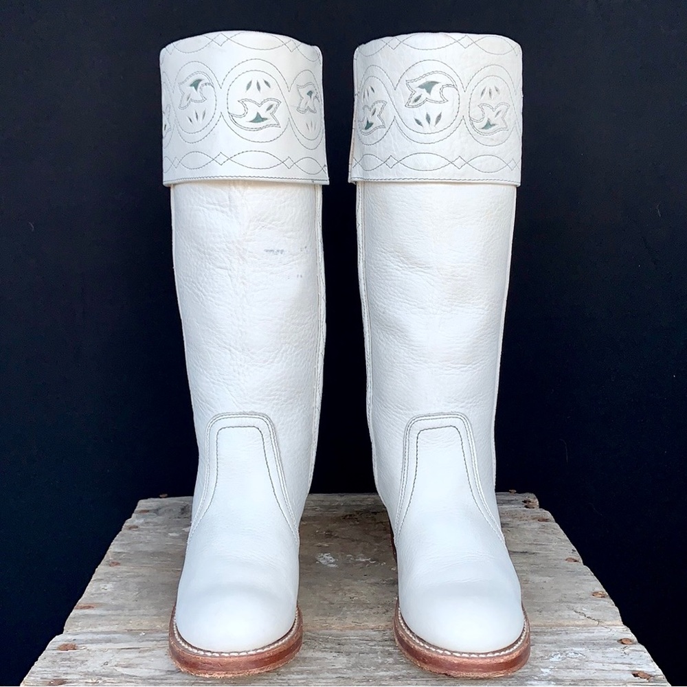 SOLD FRYE Vintage White Sabrina Campus Tooled Cuff Tall Knee High Western Boots - Picture 6 of 12
